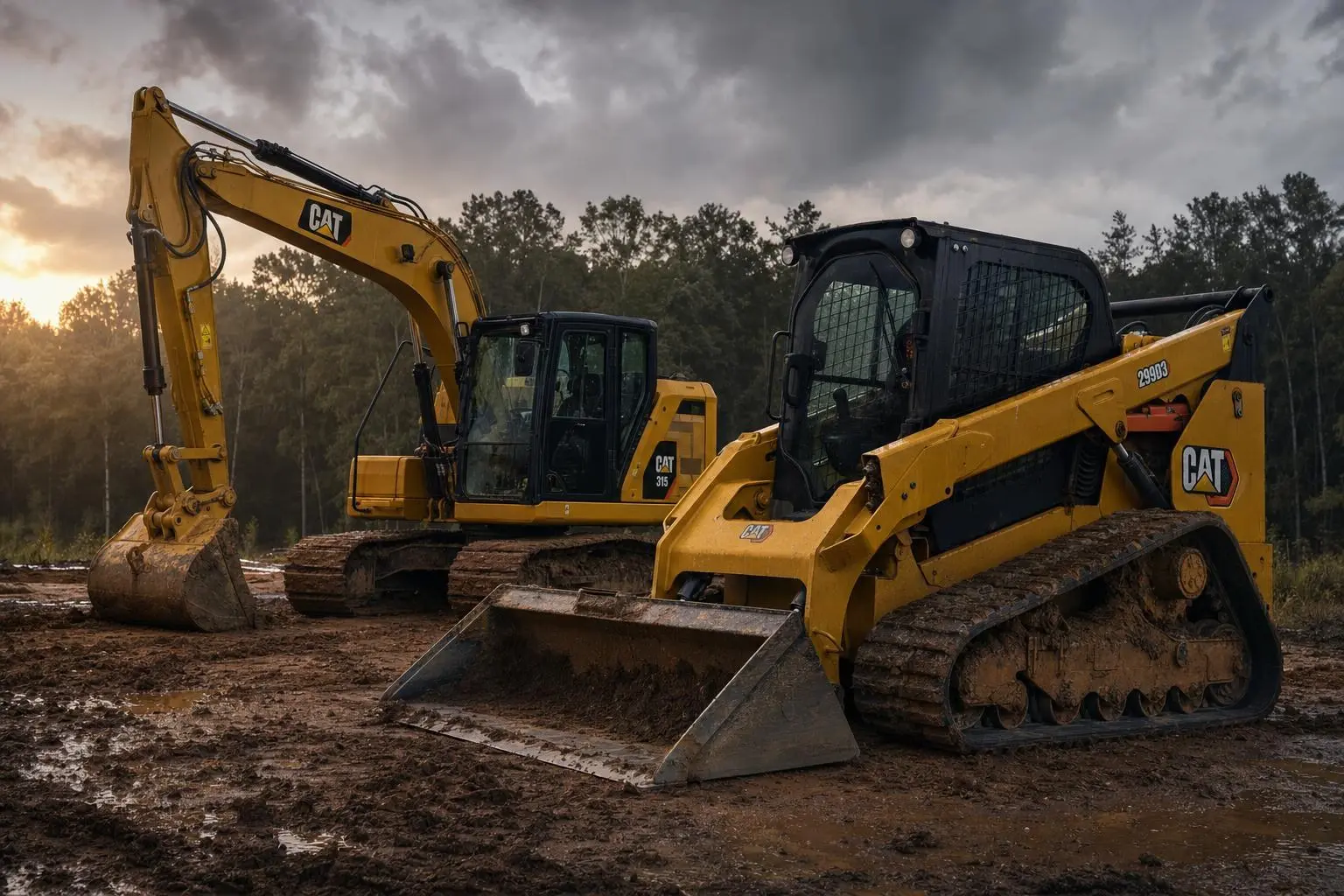 Muddy Caterpillar compact track loader and excavator parked on a construction site