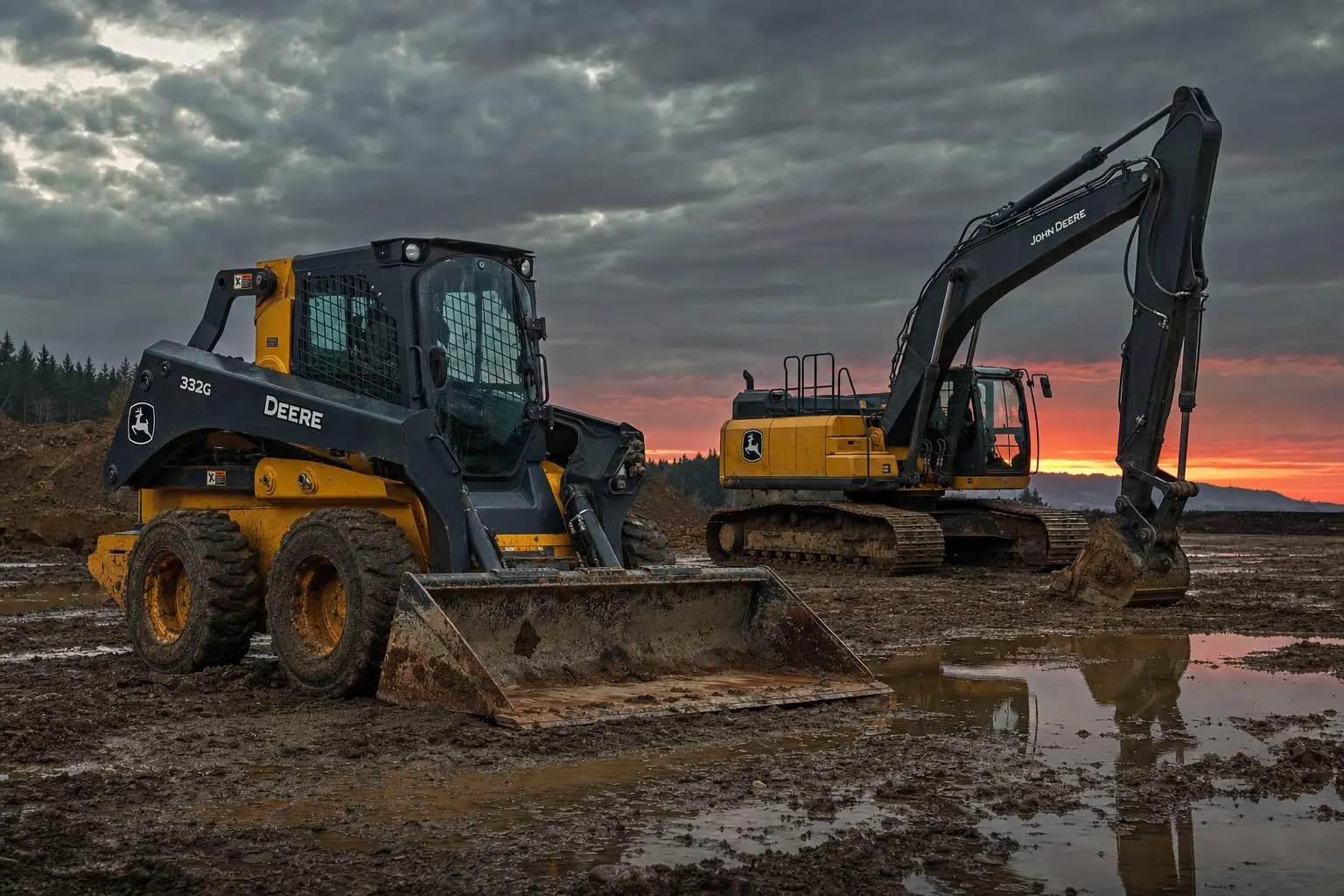 Muddy John Deere skid steer and excavator parked at sunset